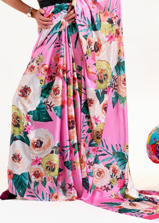 Creamy Pink Digital Printed Satin Crepe Saree Clothsvilla