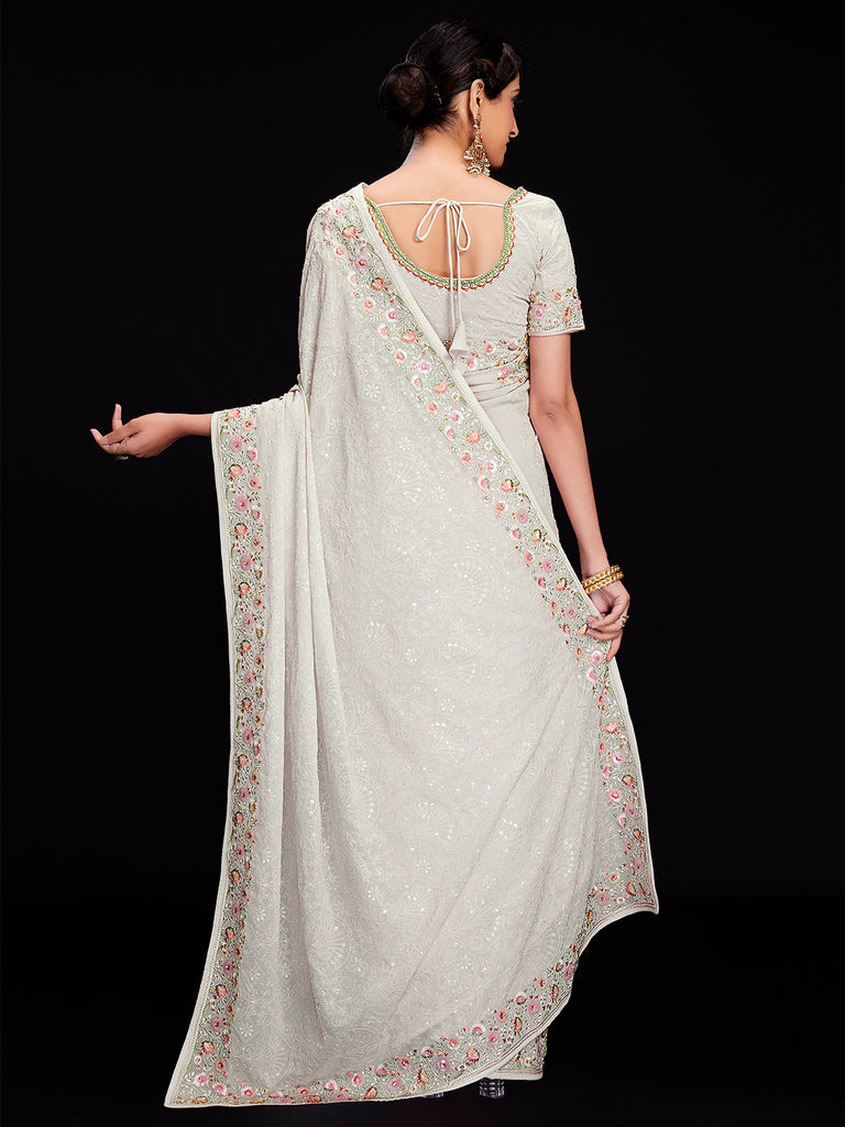 White Georgette Embroidered Saree With Unstitched Blouse Clothsvilla