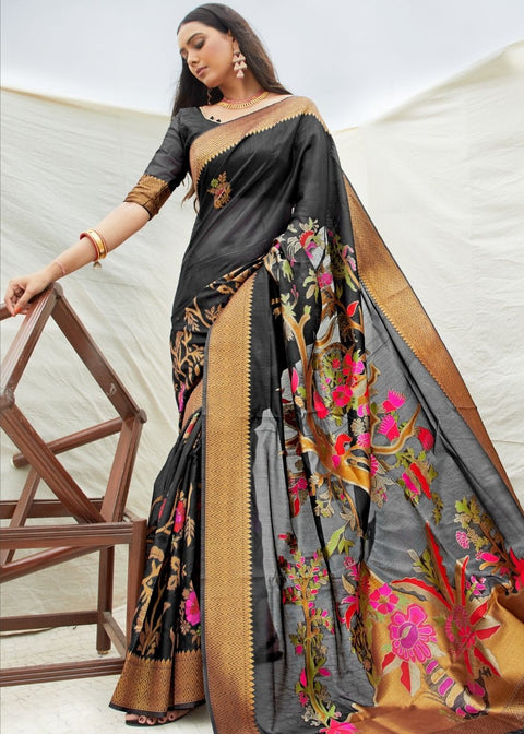 Black and Grey Handloom Woven Silk Saree Clothsvilla Main image