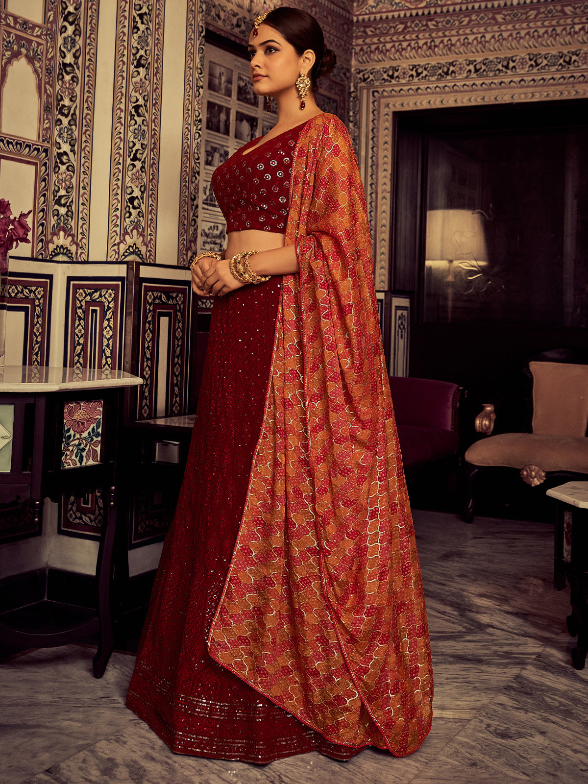 Stylish Maroon Embroidered Georgette Semi Stitched Lehenga With Blouse Piece Clothsvilla