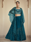 Teal Embroidered Crepe Semi Stitched Lehenga With Unstitched Blouse Clothsvilla