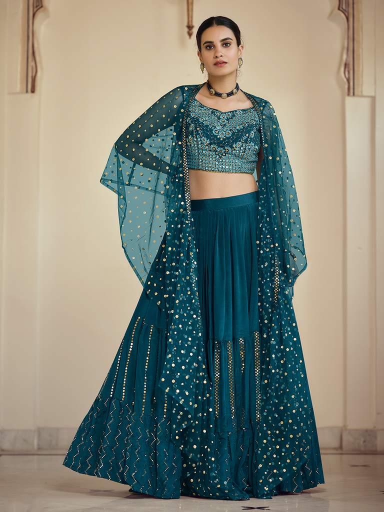 Teal Embroidered Crepe Semi Stitched Lehenga With Unstitched Blouse Clothsvilla