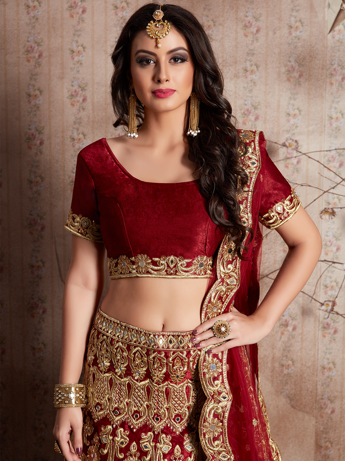 Maroon Embroidered Semi Stitched Lehenga With Unstitched Blouse Clothsvilla