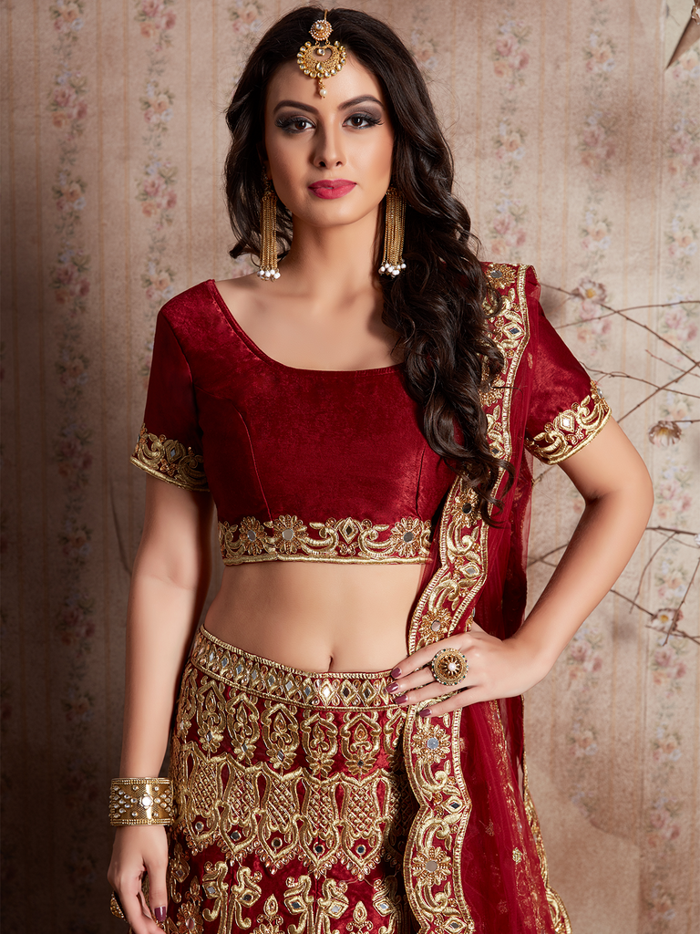 Maroon Embroidered Semi Stitched Lehenga With Unstitched Blouse Clothsvilla