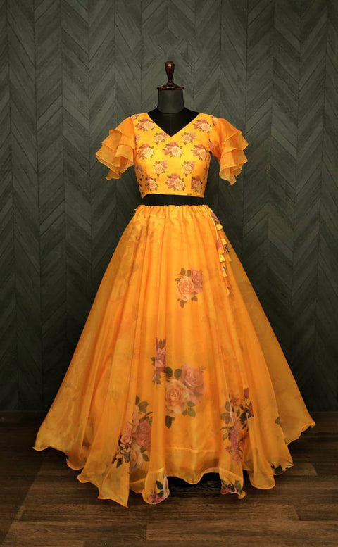 Full-Stitched Flower Print Yellow Top With Lehenga Main image