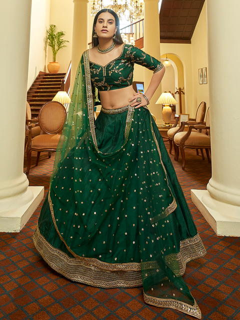 Green Art Silk Semi Stitched Lehenga With Unstitched Blouse Clothsvilla Main image