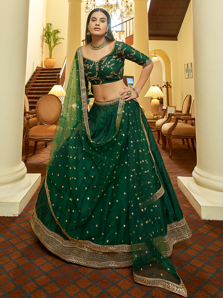 Green Art Silk Semi Stitched Lehenga With Unstitched Blouse Clothsvilla