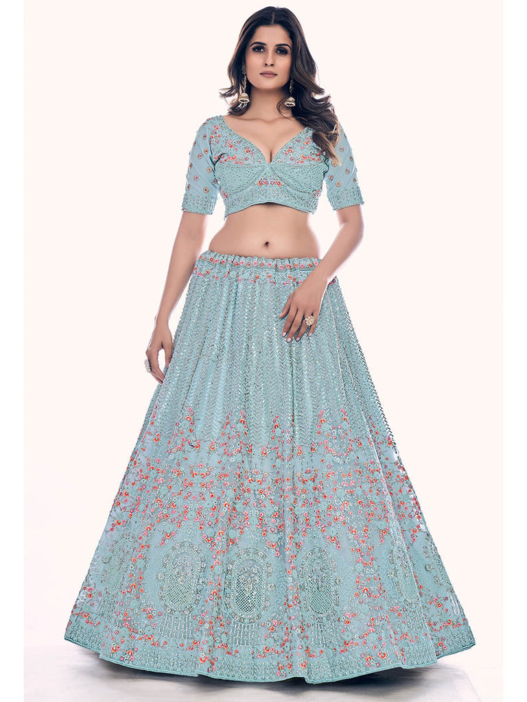 Firozi Soft Net Embroidered Designer Lehenga Choli Clothsvilla