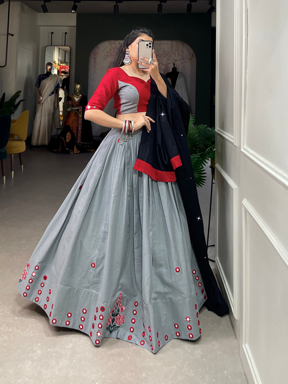 Grey Color Plain And Embroidery With Original Mirror Work Cotton Chaniya Choli ClothsVilla.com