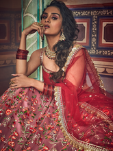 Load image into Gallery viewer, Peach Embroidered Art Silk Semi Stitched Lehenga With Unstitched Blouse Clothsvilla