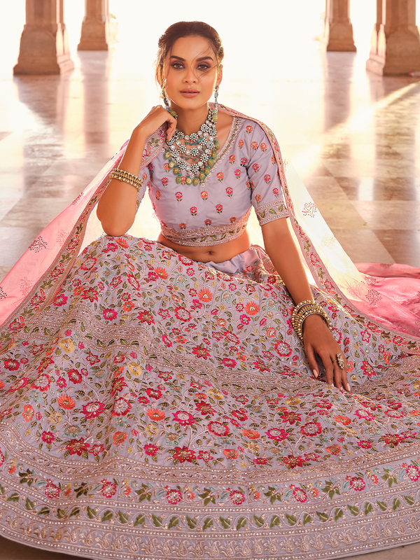 Grey Embroidered Crepe Semi Stitched Lehenga With Unstitched Blouse Clothsvilla