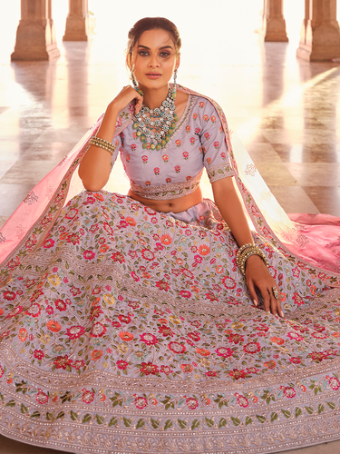 Grey Embroidered Crepe Semi Stitched Lehenga With Unstitched Blouse Clothsvilla