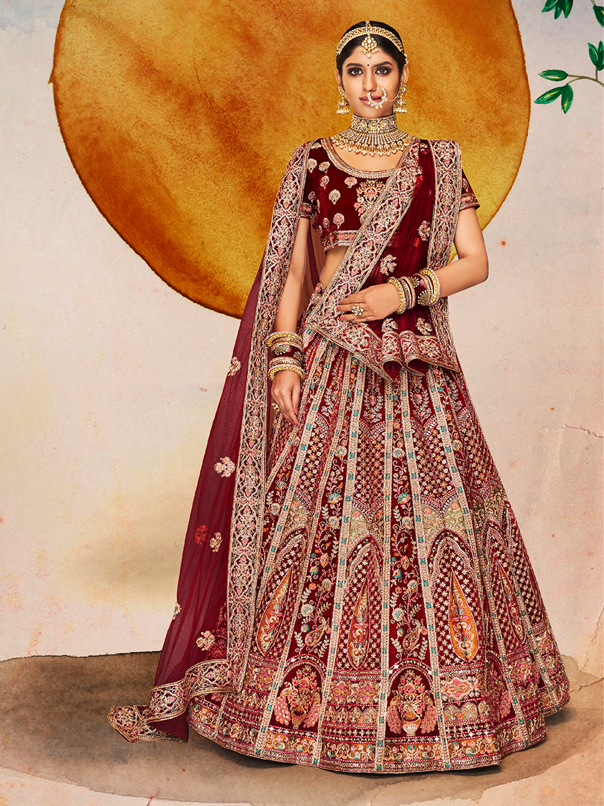 Maroon Velvet Semi Stitched Lehenga With Unstitched Blouse Clothsvilla Main image