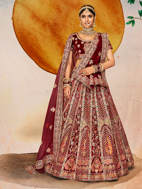 Maroon Velvet Semi Stitched Lehenga With Unstitched Blouse Clothsvilla Main image