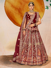 Load image into Gallery viewer, Maroon Velvet Semi Stitched Lehenga With Unstitched Blouse Clothsvilla