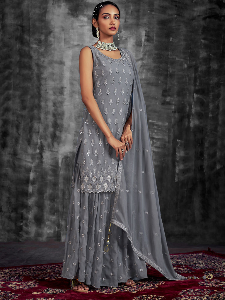 Stylish Embroidered Grey Georgette Stitched Kurta Set Clothsvilla