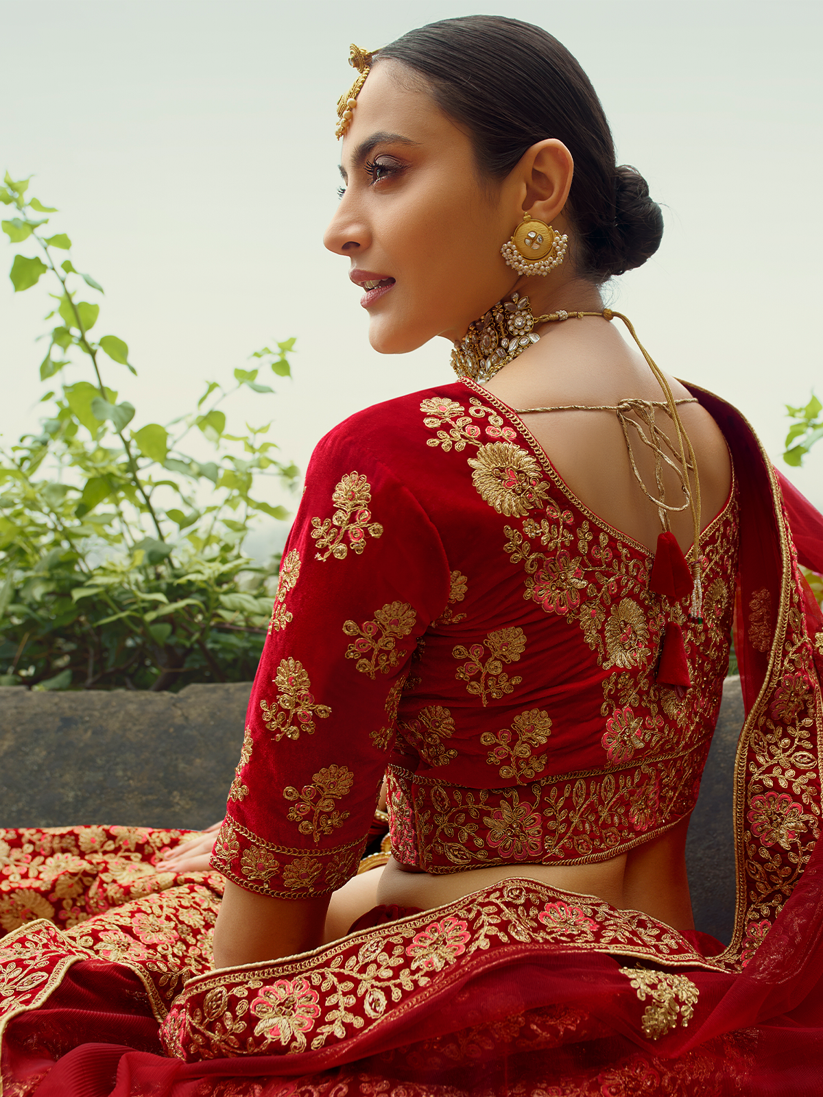 Red Embroidered Velvet Semi Stitched Lehenga With Unstitched Blouse Clothsvilla