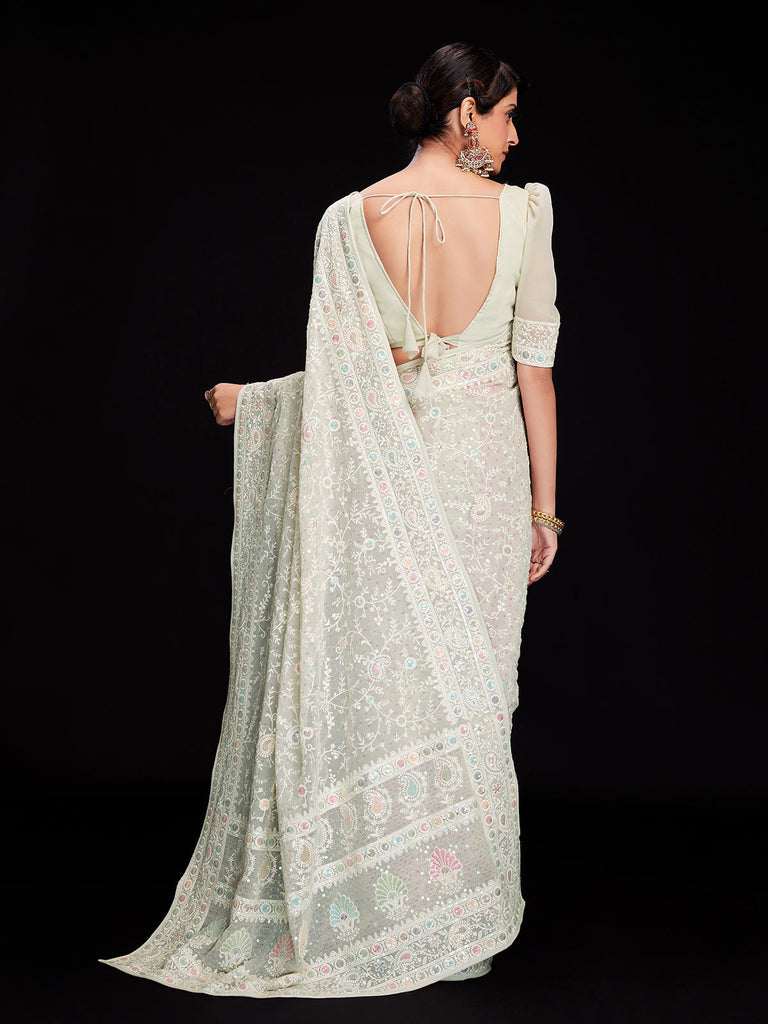 Off White Georgette Embroidered Saree With Unstitched Blouse Clothsvilla