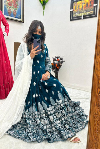 Teal Blue Color Embroidery Sequence Work Designer Velvet Gown Clothsvilla