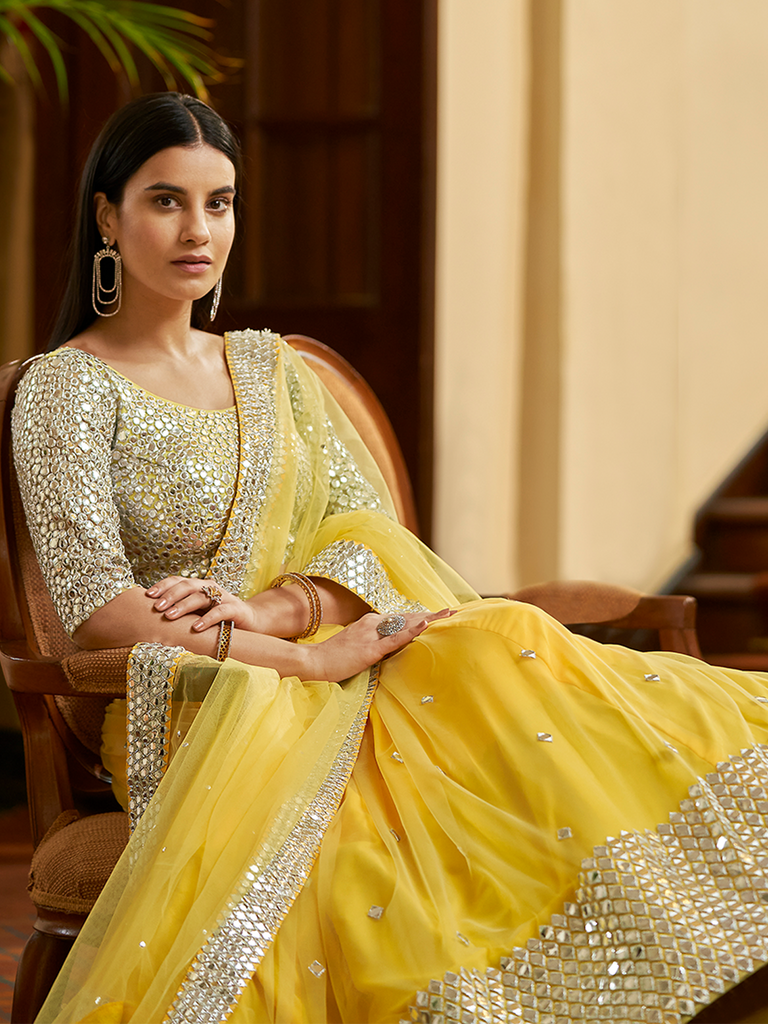 Yellow Soft Net Semi Stitched Lehenga With Unstitched Blouse Clothsvilla