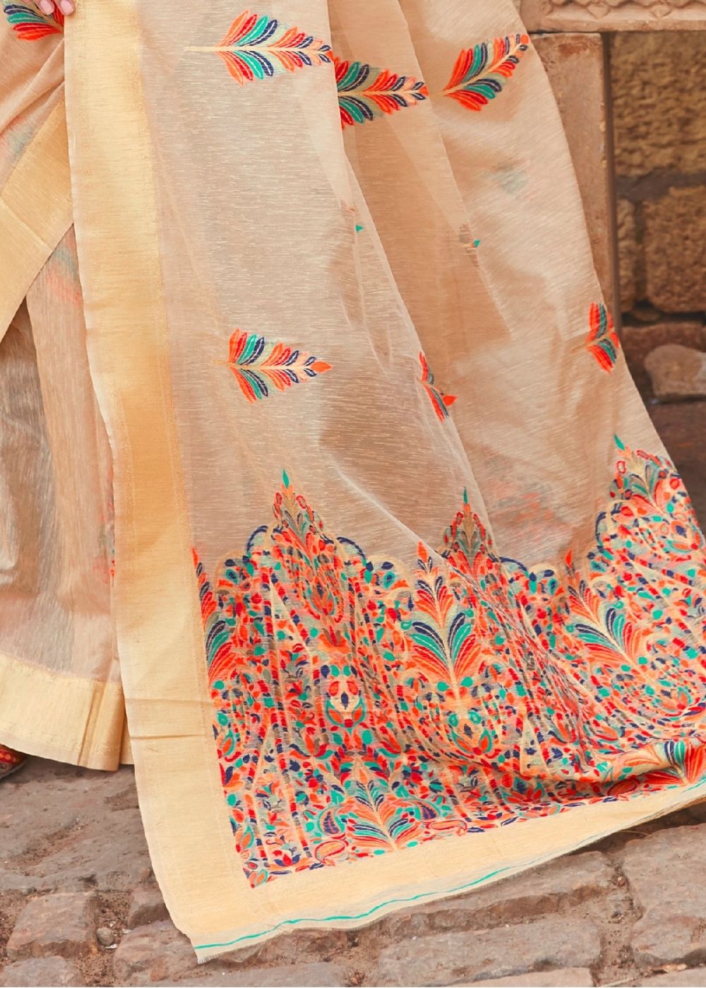 Beige Linen Silk Saree with Colorful Weaving work Clothsvilla
