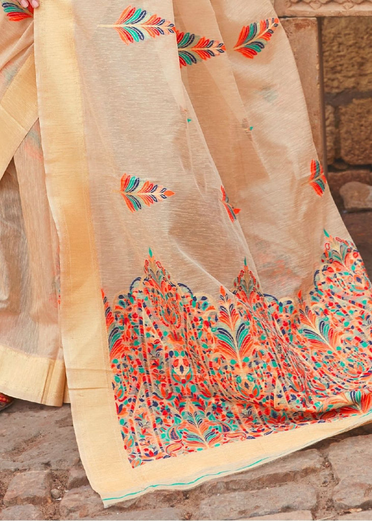 Beige Linen Silk Saree with Colorful Weaving work Clothsvilla