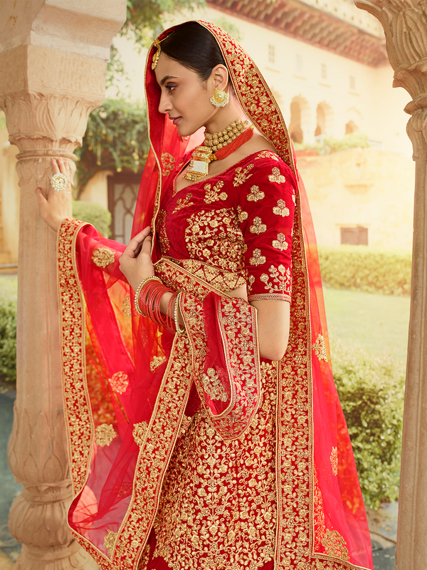 Red Velvet Semi Stitched Lehenga With Unstitched Blouse Clothsvilla