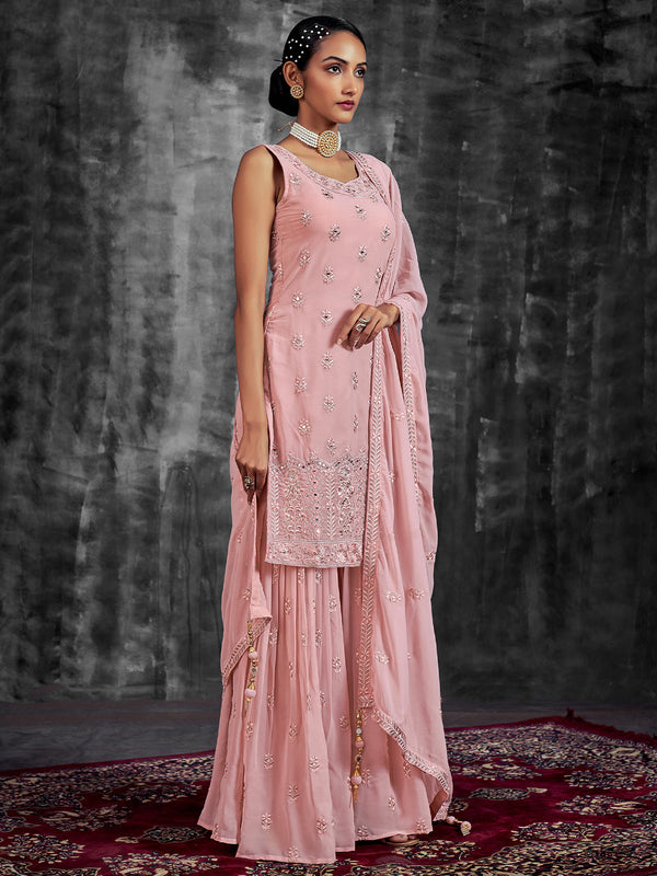 Beautiful Embroidered Pink Georgette Semi Stitched Kurta Set Clothsvilla
