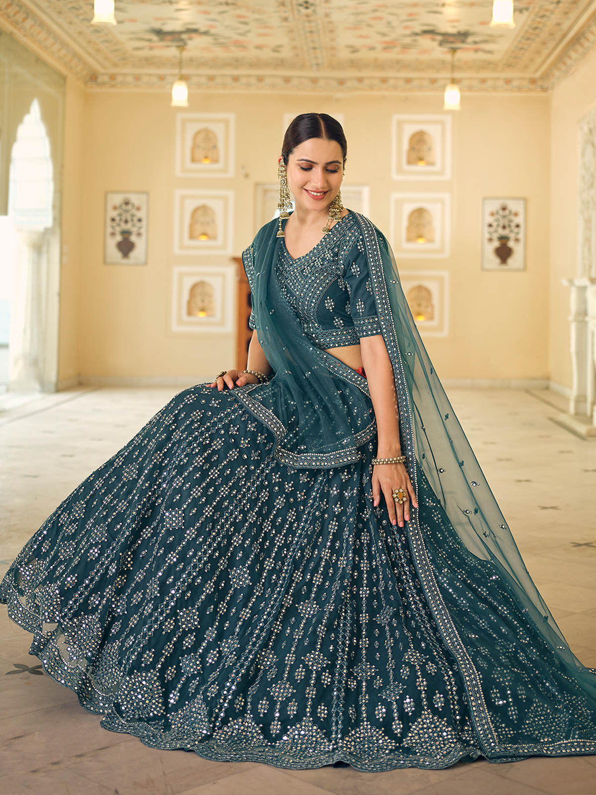 Teal Embroidered Soft Net Semi Stitched Lehenga With Unstitched Blouse Secondary image