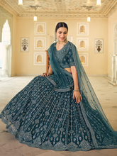 Load image into Gallery viewer, Teal Embroidered Soft Net Semi Stitched Lehenga With Unstitched Blouse Clothsvilla