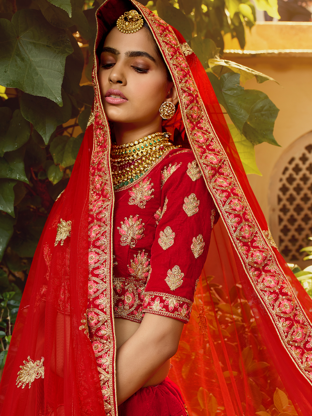 Red Embroidered Velvet Semi Stitched Lehenga With Unstitched Blouse Clothsvilla