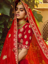 Load image into Gallery viewer, Red Embroidered Velvet Semi Stitched Lehenga With Unstitched Blouse Clothsvilla