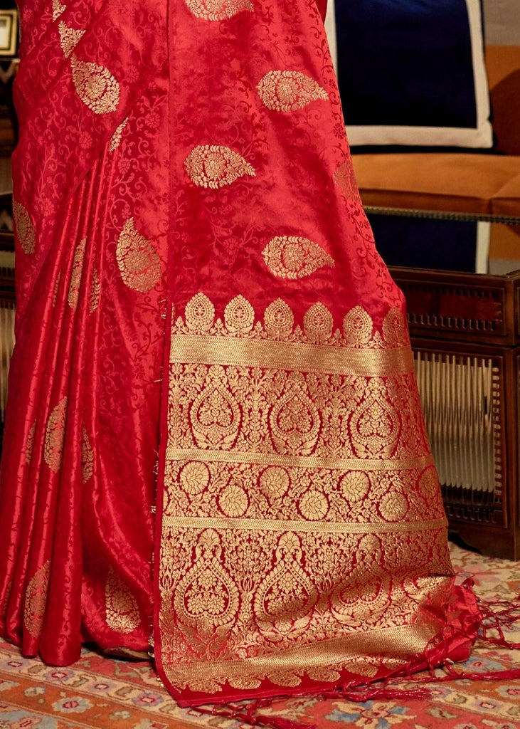 Cherry Red Pure Satin Woven Silk Saree with overall Golden Buti Clothsvilla