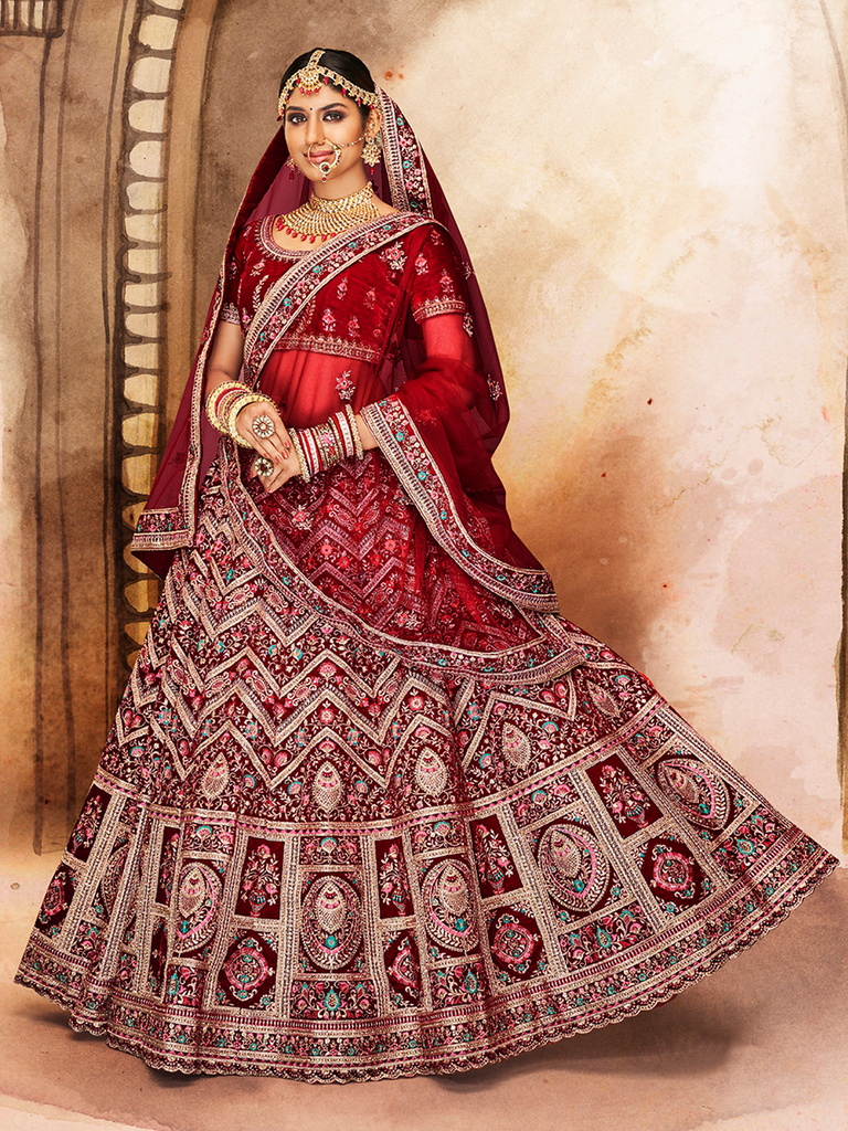 Maroon Embroidered Semi Stitched Lehenga With Unstitched Blouse Clothsvilla