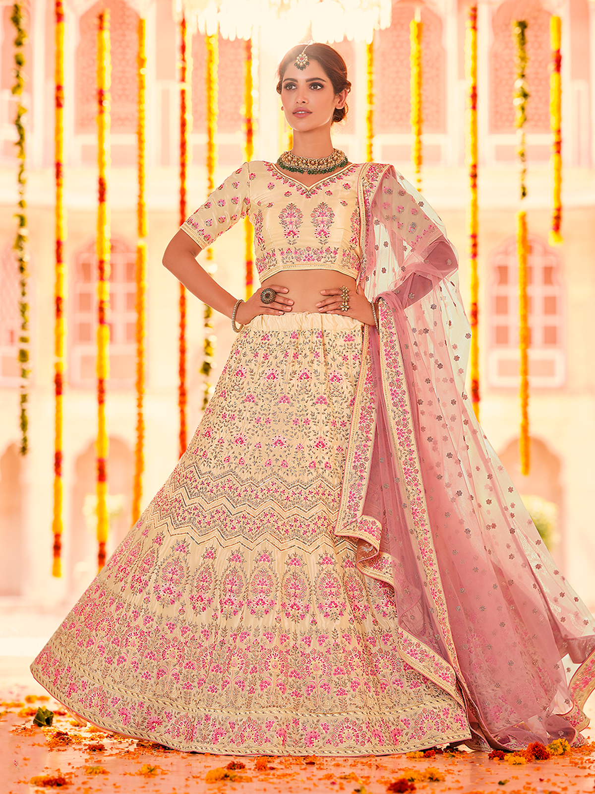 Beige Embroidered Crepe Semi Stitched Lehenga With Unstitched Blouse Clothsvilla