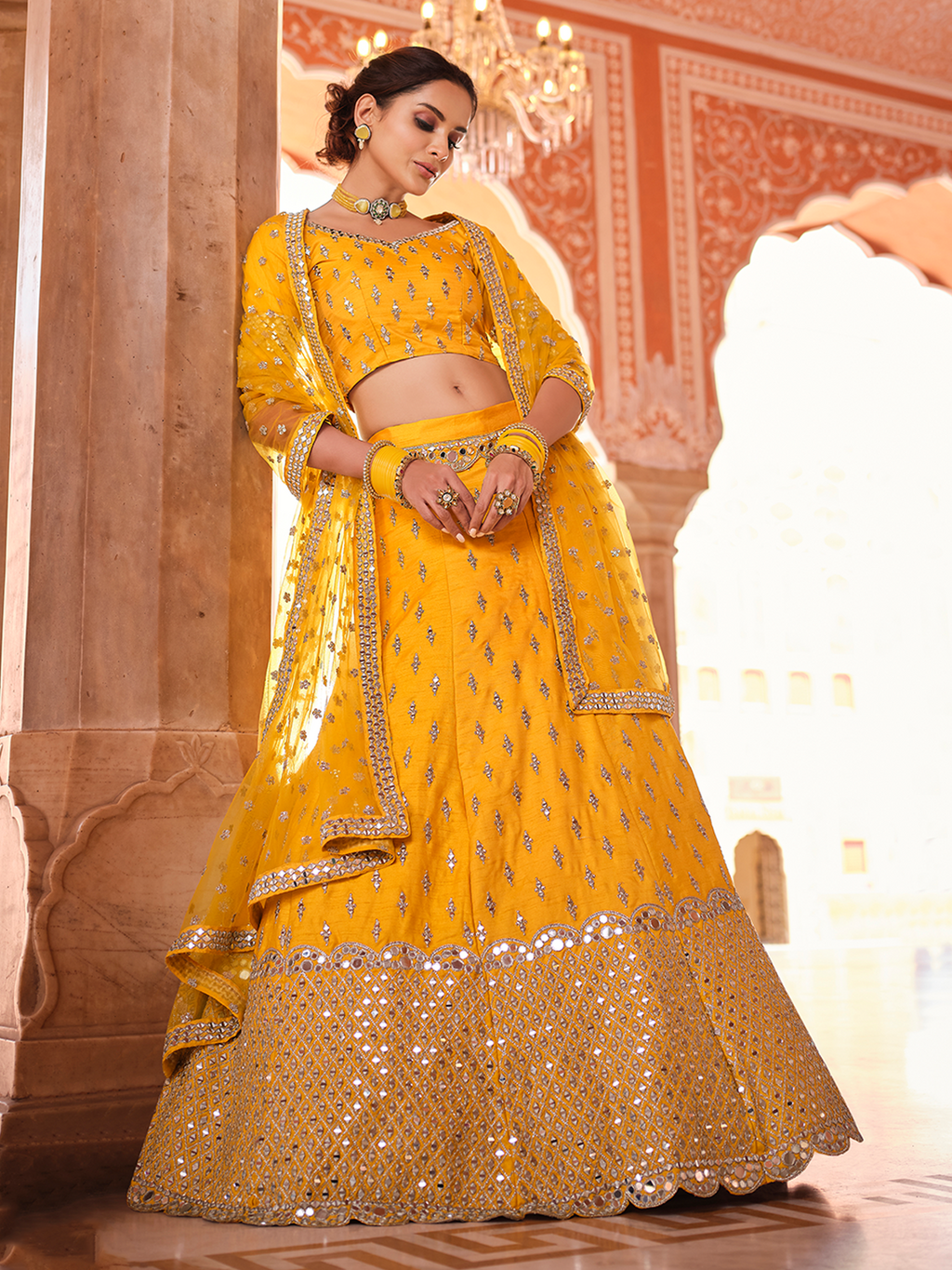 Mustard Embroidered Art Silk Semi Stitched Lehenga With Unstitched Blouse Clothsvilla