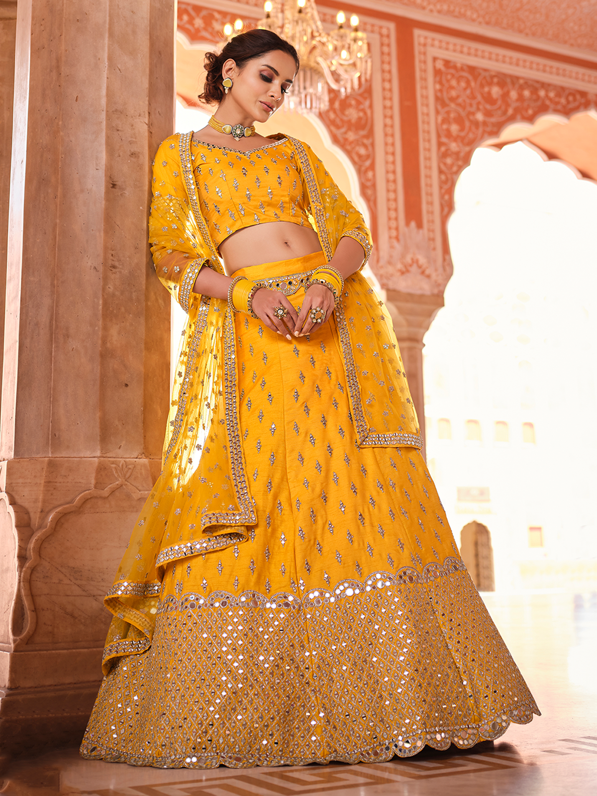 Mustard Embroidered Art Silk Semi Stitched Lehenga With Unstitched Blouse Clothsvilla