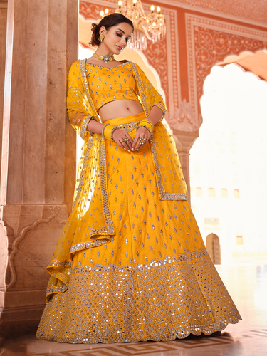 Mustard Embroidered Art Silk Semi Stitched Lehenga With Unstitched Blouse Clothsvilla