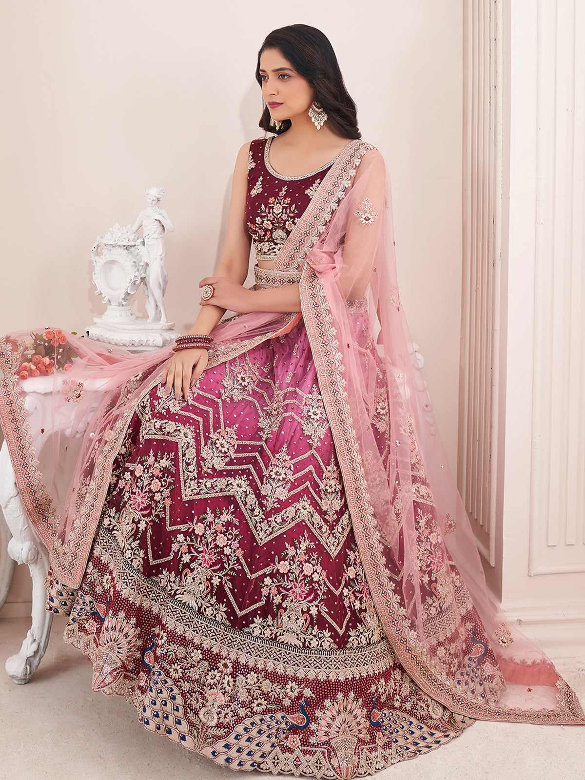 Beautiful Maroon And Pink Color Art Silk Semi Stitched Lehenga With Blouse Peice Clothsvilla