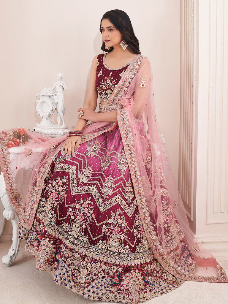Beautiful Maroon And Pink Color Art Silk Semi Stitched Lehenga With Blouse Peice Clothsvilla