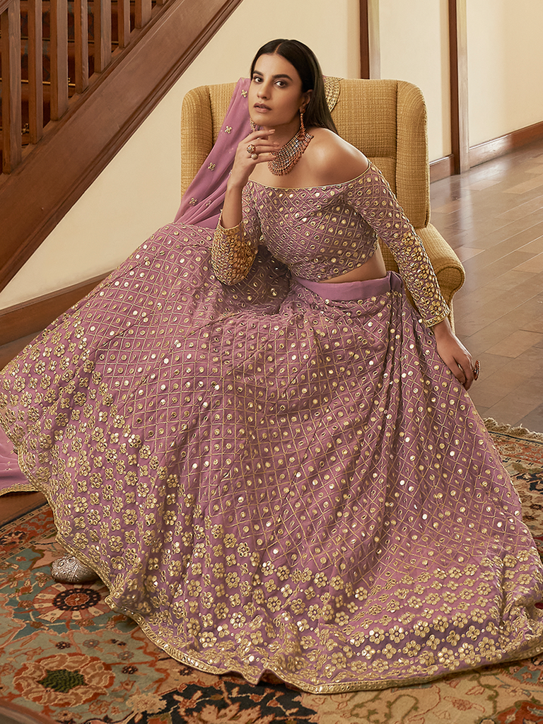 Purple Embroidered Georgette Semi Stitched Lehenga With Unstitched Blouse Clothsvilla