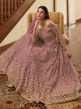 Load image into Gallery viewer, Purple Embroidered Georgette Semi Stitched Lehenga With Unstitched Blouse Clothsvilla