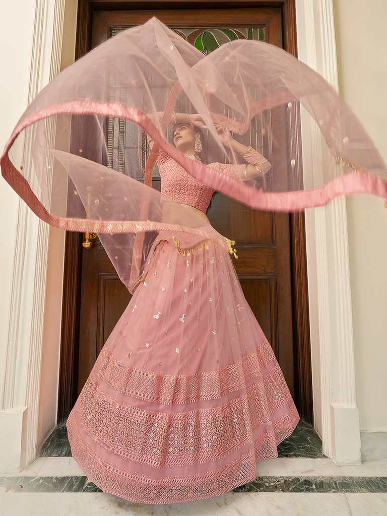 Pink Embroidered Soft Net Semi Stitched Lehenga With Unstitched Blouse Clothsvilla