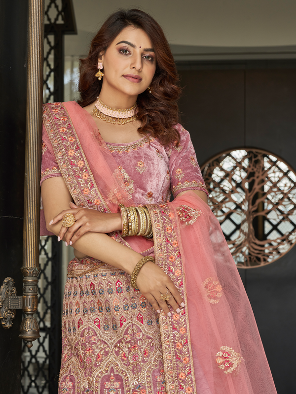 Lilac Velvet Semi Stitched Lehenga With Unstitched Blouse Clothsvilla