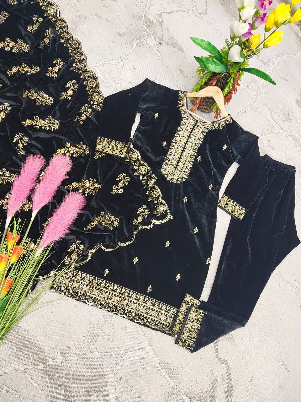Fashionable Velvet Black Color Salwar Suit Clothsvilla