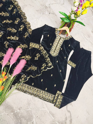 Fashionable Velvet Black Color Salwar Suit Clothsvilla