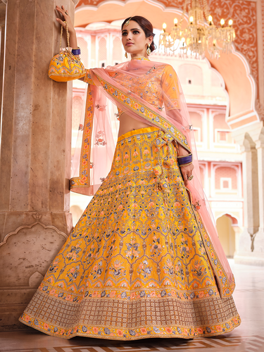 Mustard Swarovski Embroidered Crepe Semi Stitched Lehenga With Unstitched Blouse Clothsvilla