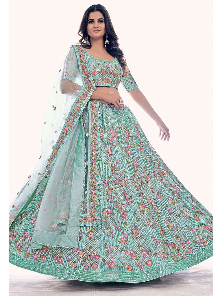 Firozi Soft Net Embroidered Designer Lehenga Choli Clothsvilla