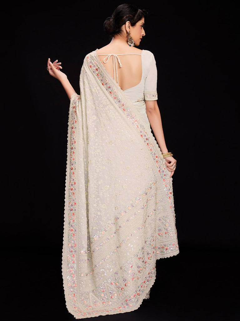 White Georgette Embroidered Saree With Unstitched Blouse Clothsvilla