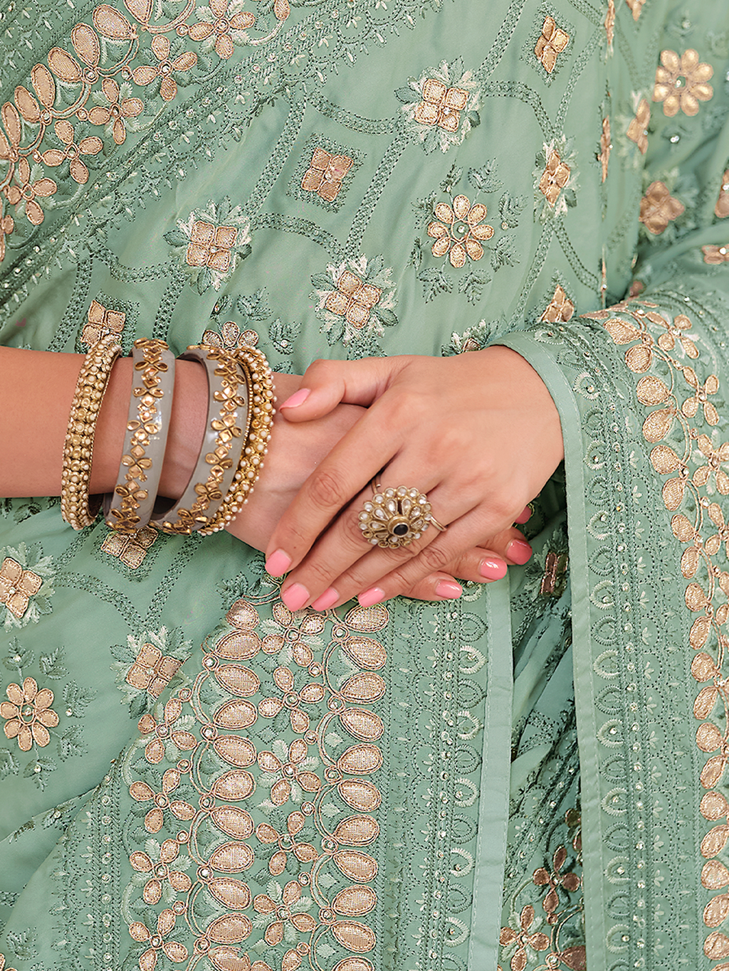 Sea Green Satin Georgette Saree With Unstitched Blouse Clothsvilla